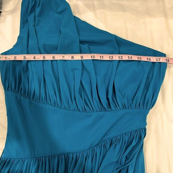 Halston Idalia One Shoulder Ruched Midi Dress Stretch Cocktail Blue Teal 10 NWT - Picture 12 of 13